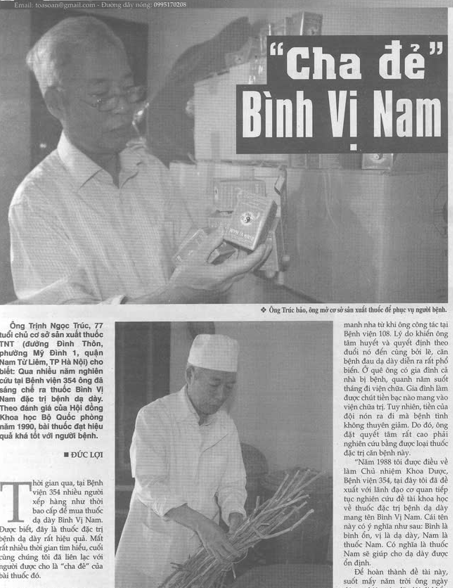 Bài báo Cha đẻ Bình Vị Nam, Thầy thuốc Trịnh Ngọc Trúc, Chủ nhiệm khoa Dược Bệnh viện 354
